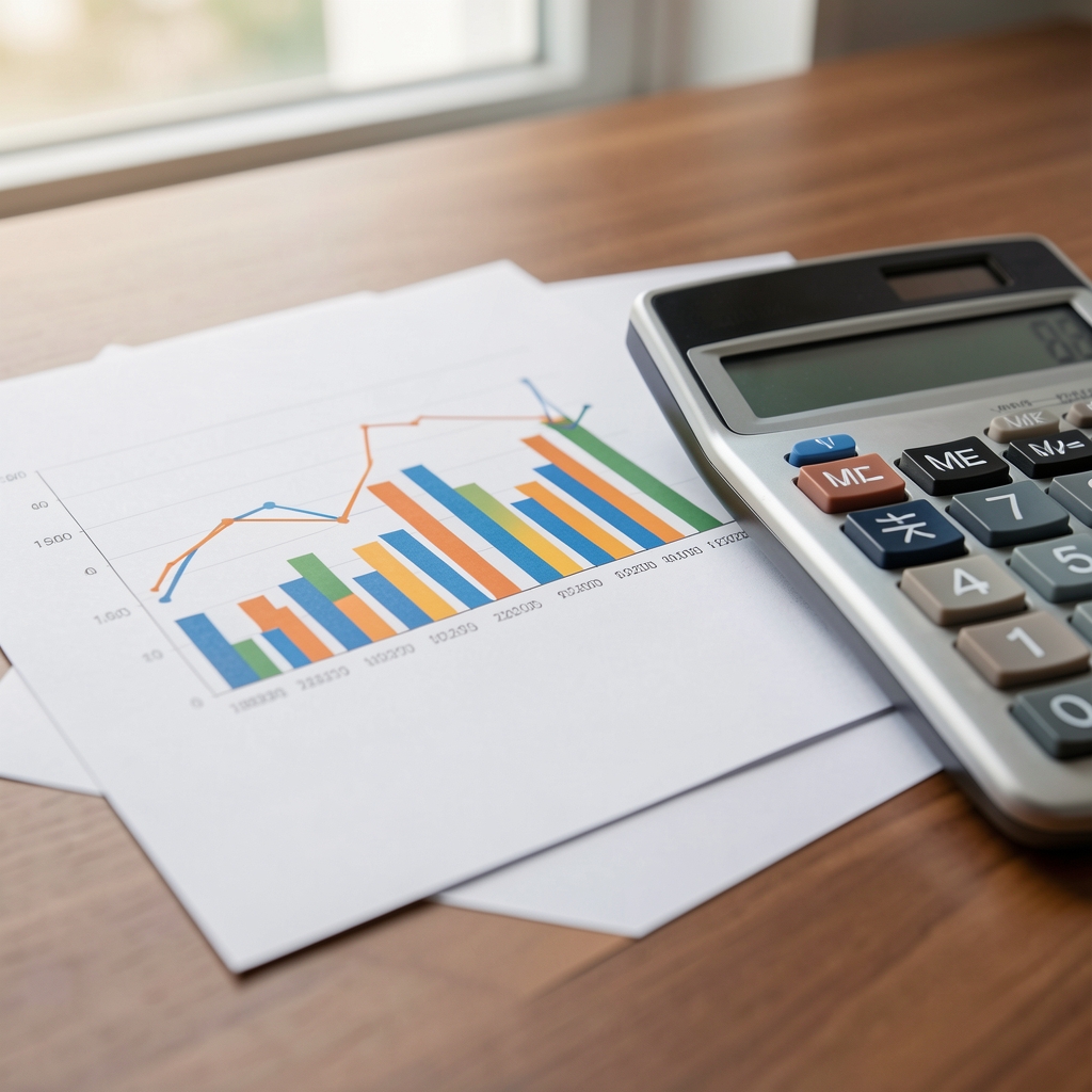 Primer plano de gráficos de barras y líneas financieras impresos junto a una calculadora sobre un escritorio