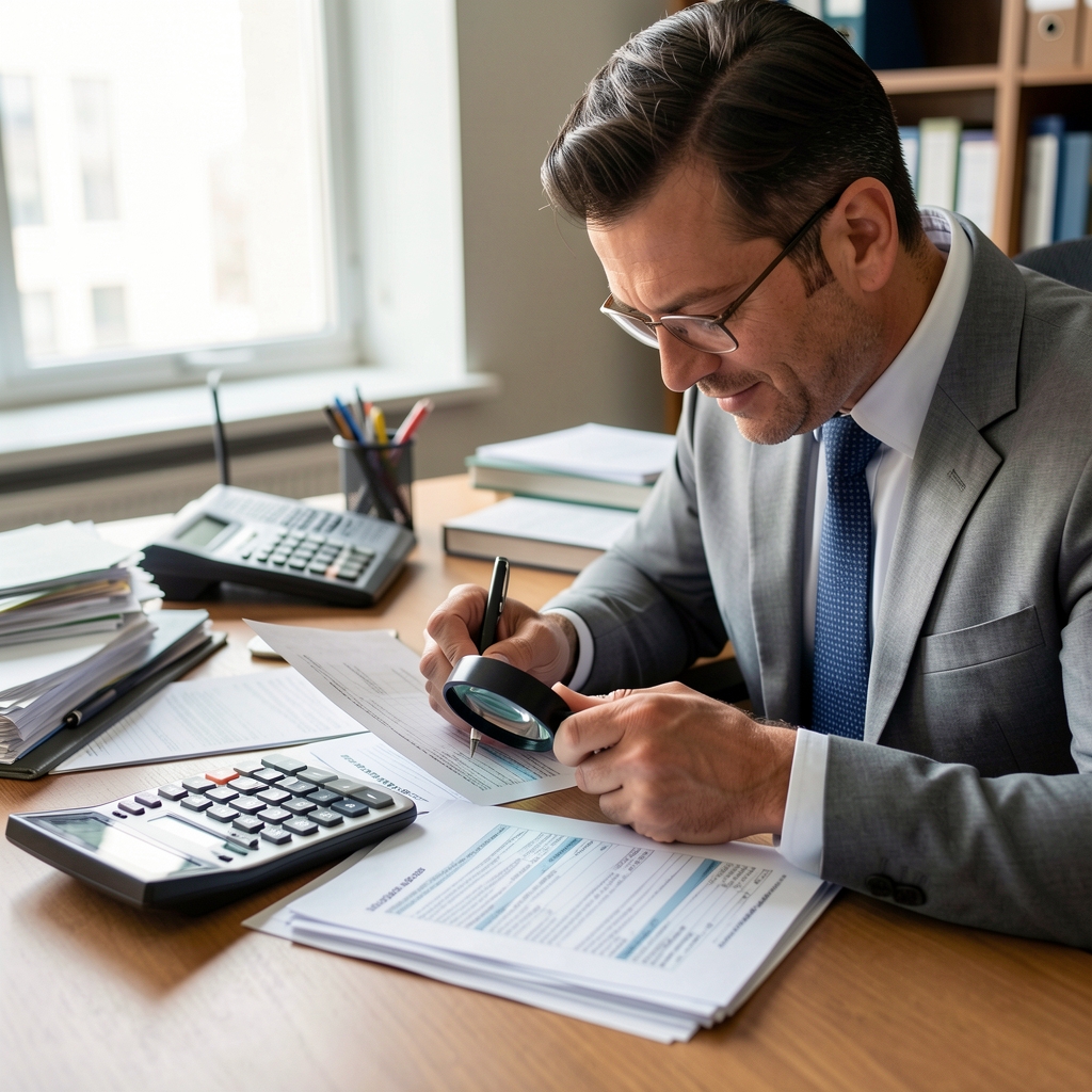 Manos revisando comprobantes contables y facturas con una lupa y una calculadora sobre un escritorio de oficina