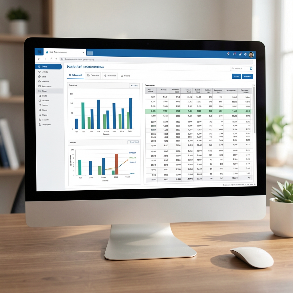 Pantalla de una computadora mostrando un software de contabilidad con gráficos y tablas de facturación