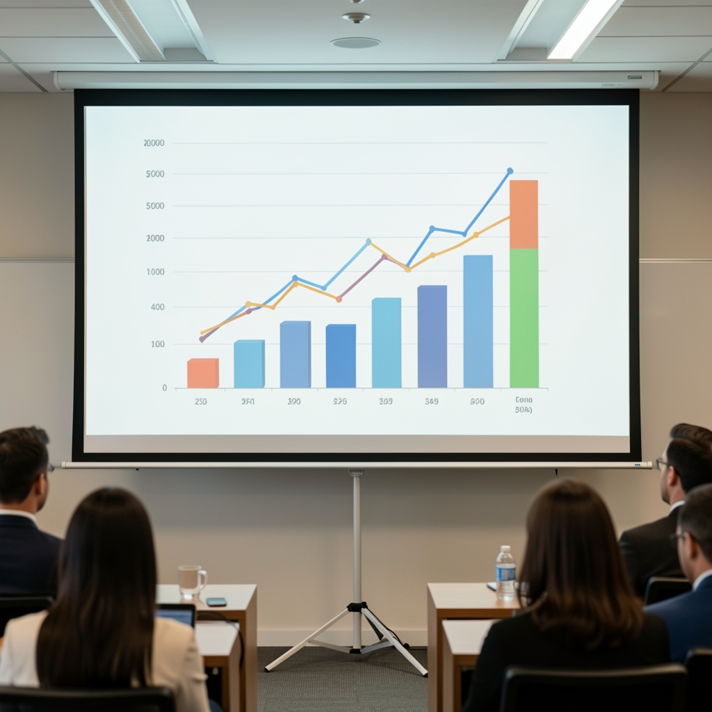 Gráfico de líneas y barras sobre indicadores financieros proyectado en una pantalla durante una presentación