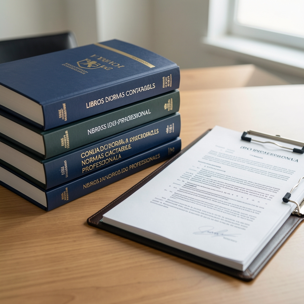 Libros de normas contables y una carpeta con el sello de un consejo profesional sobre un escritorio de oficina