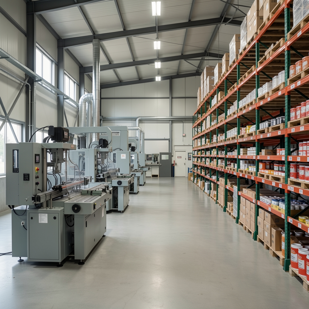 Interior de una planta de manufactura mediana con maquinaria industrial y estanterías de productos terminados