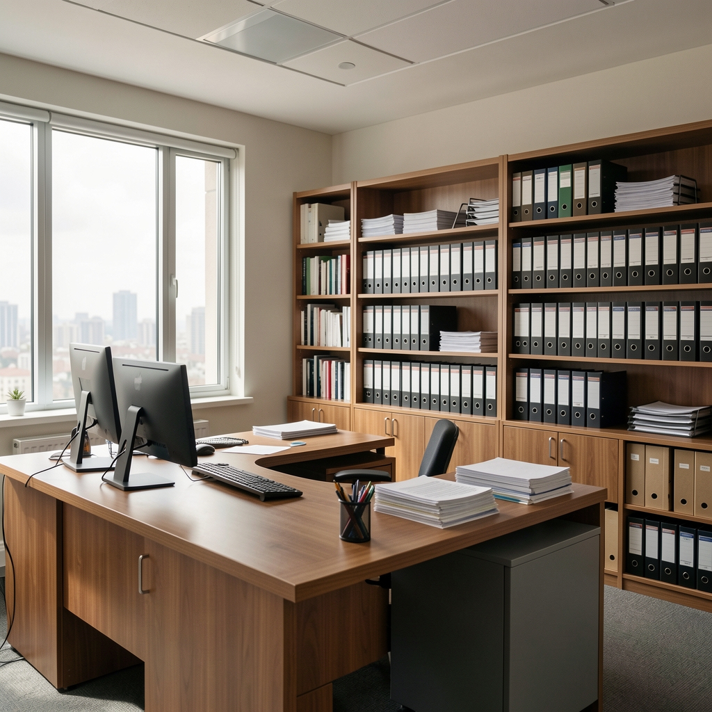 Oficina de un estudio de servicios profesionales con escritorios ordenados y estanterías con archivadores de documentos