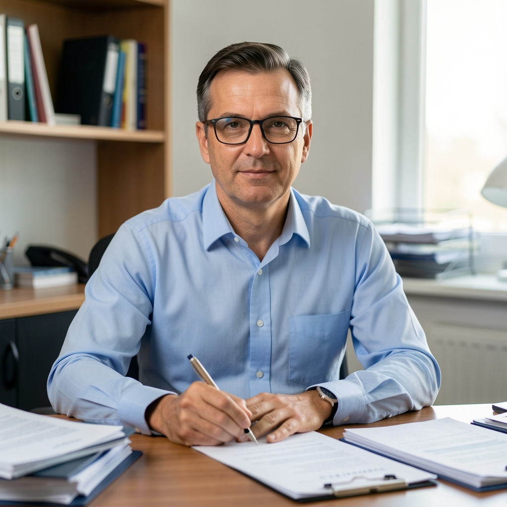 Retrato profesional de un contador de unos 45 años con camisa celeste y anteojos, sentado en un escritorio con documentos