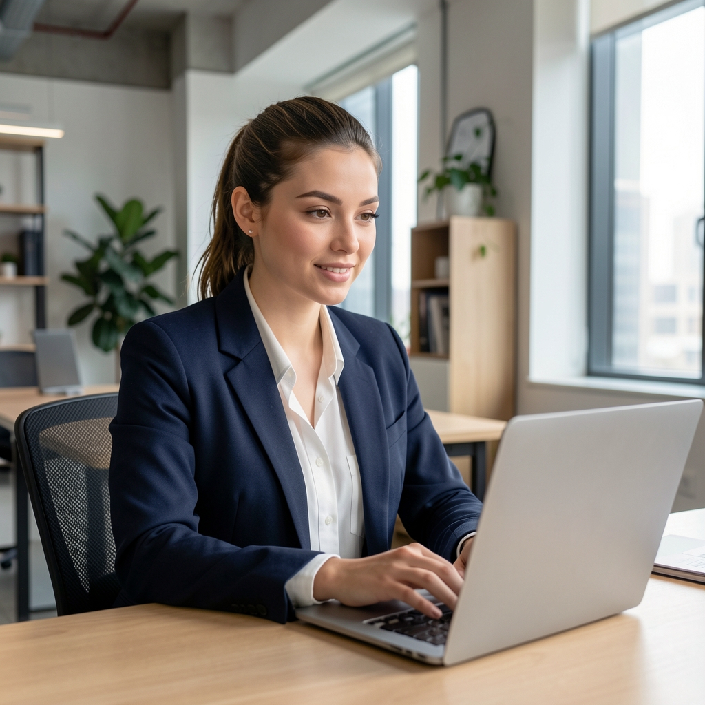 Retrato profesional de una analista financiera joven con cabello atado, frente a una laptop en una oficina de diseño moderno