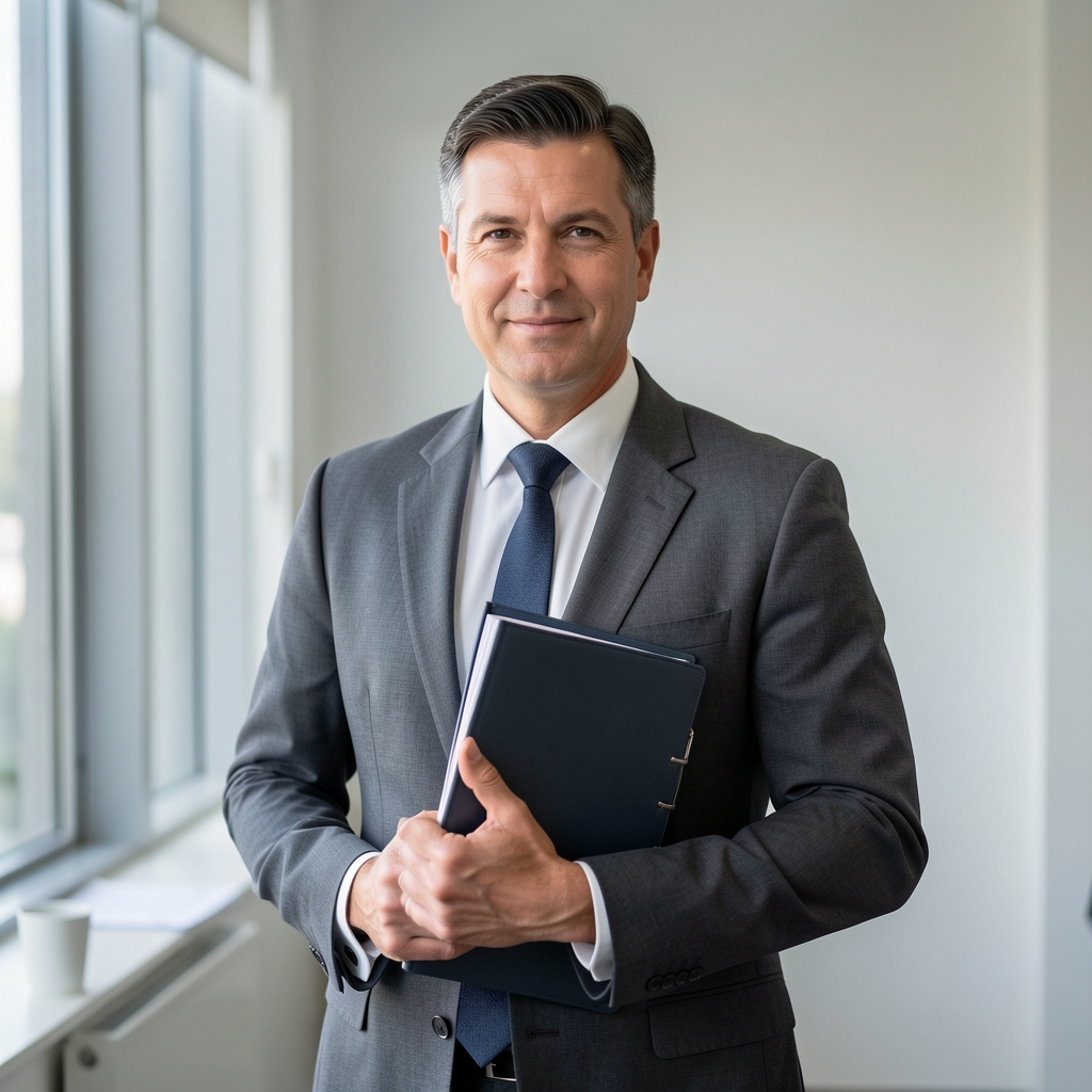 Retrato profesional de un auditor de mediana edad con traje gris oscuro sosteniendo una carpeta de informes