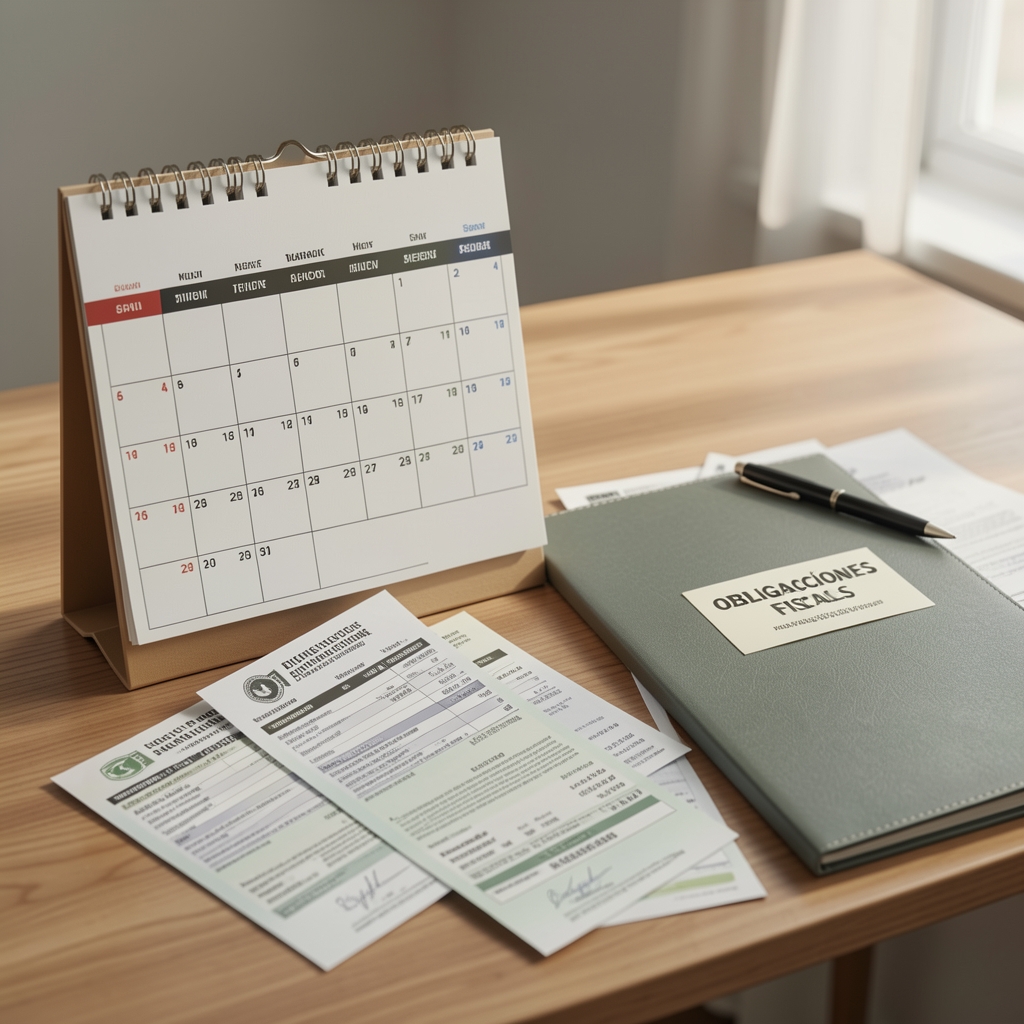 Calendario de escritorio junto a comprobantes de pago de impuestos y una carpeta etiquetada como obligaciones fiscales