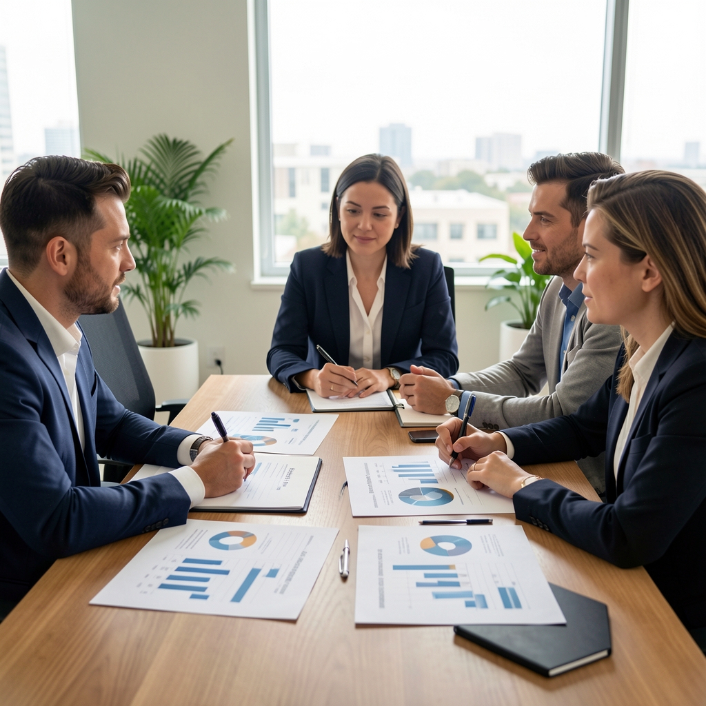 Reunión de trabajo entre tres personas alrededor de una mesa con gráficos de gestión empresarial impresos